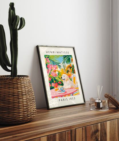 Colorful Henri Matisse inspired framed art print of Great Pyrenees with coffee cup