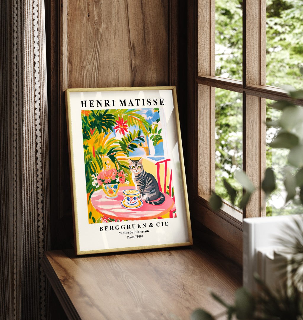 Framed tabby cat art print with coffee cup and flowers in Matisse style