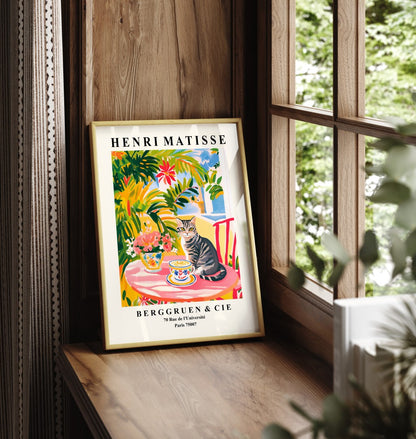 Framed tabby cat art print with coffee cup and flowers in Matisse style