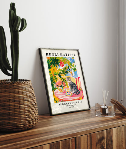 Colorful Henri Matisse inspired framed art print featuring tabby cat in café scene