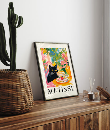Colorful Henri Matisse inspired framed art print featuring black cat in café scene