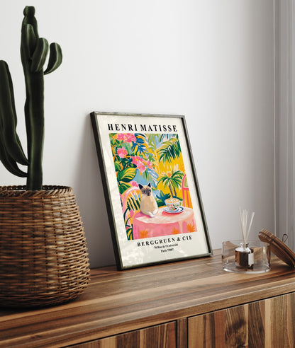 Colorful Henri Matisse inspired framed art print featuring Siamese cat in café setting