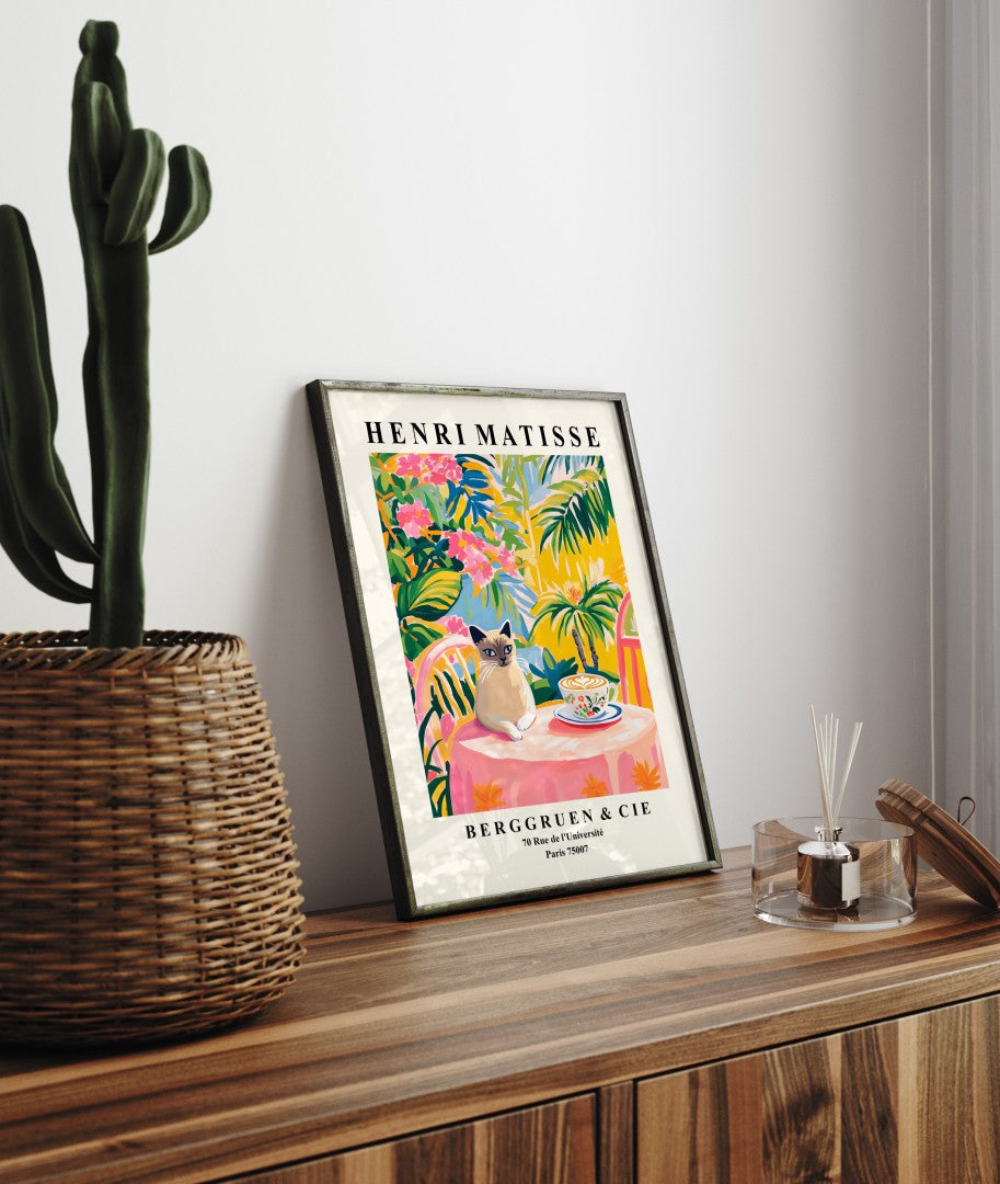 Colorful Henri Matisse inspired framed art print featuring Siamese cat in café setting