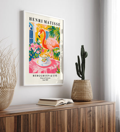 Playful framed art print of flamingo at café table with bold colors