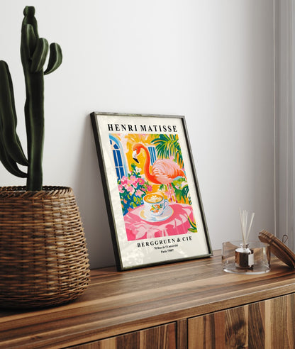Colorful Henri Matisse inspired framed art print featuring flamingo and coffee