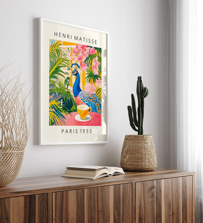 Elegant framed art print of peacock at café table with bold colors