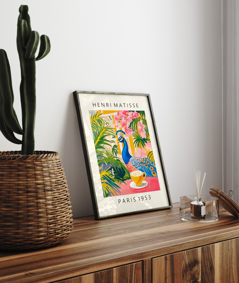 Colorful Henri Matisse inspired framed art print featuring peacock in café scene