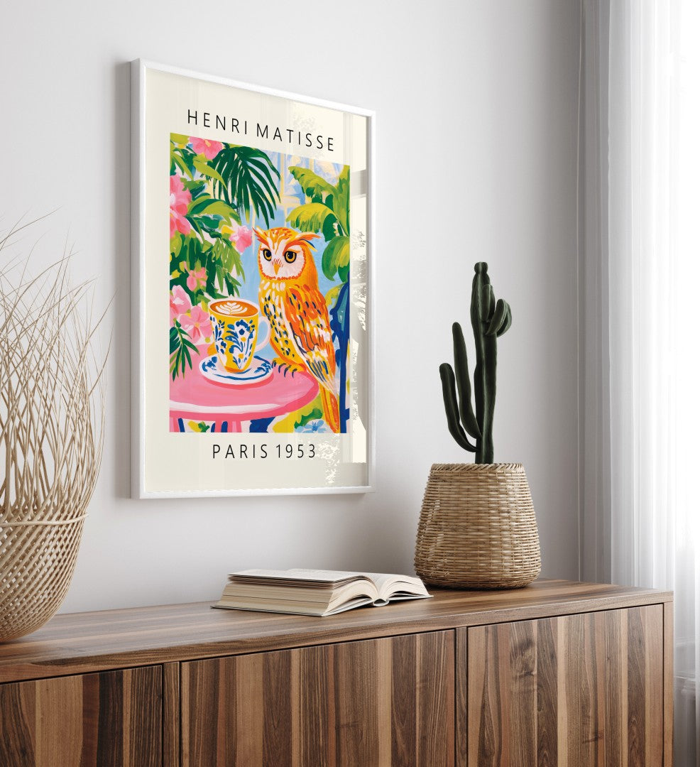 Playful framed art print of owl at café table with latte art