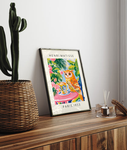 Colorful Henri Matisse inspired framed art print featuring owl in café setting
