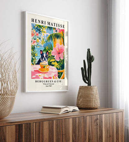 Boston Terrier at café table with coffee in colorful framed art print