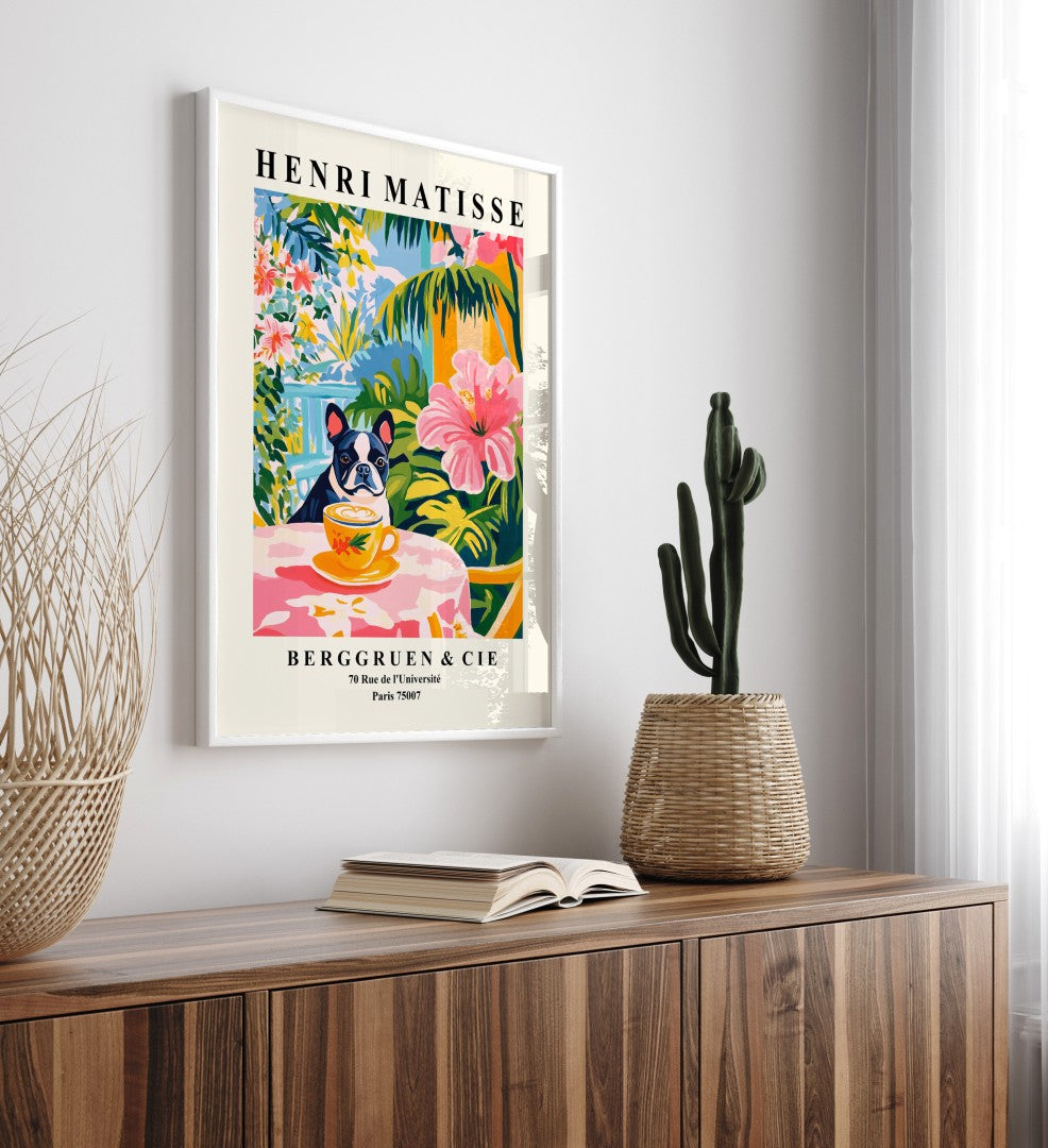 Boston Terrier at café table with coffee in colorful framed art print