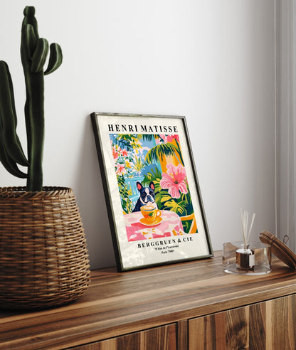 Matisse inspired framed art print of Boston Terrier with coffee in café scene