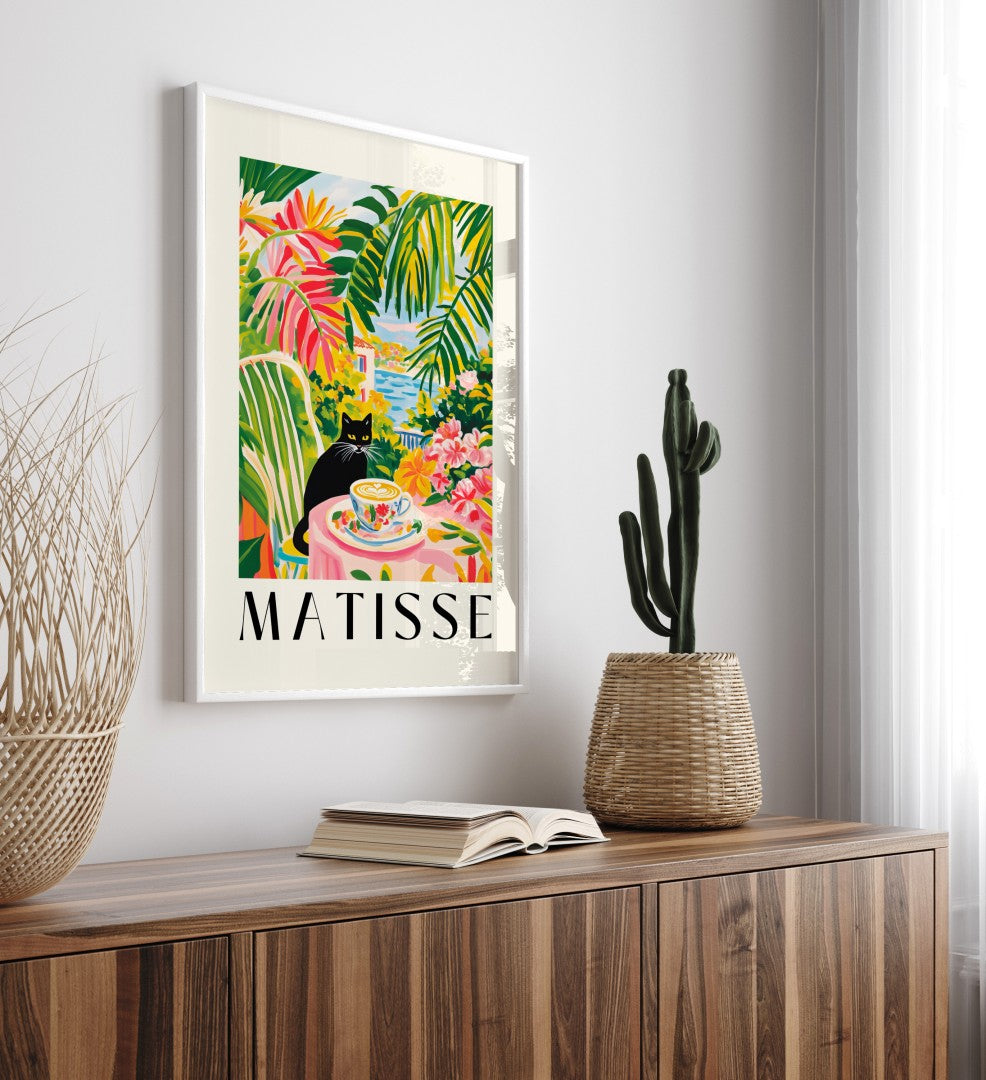 Black cat sitting at café table with coffee in vibrant art print