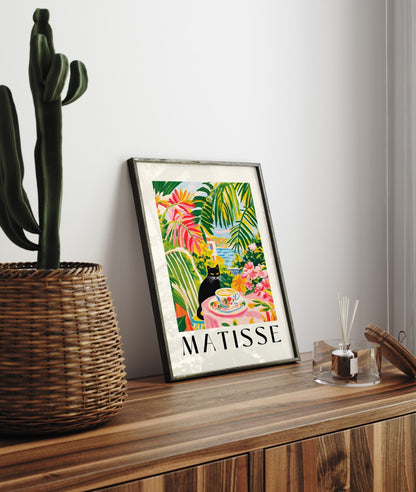 Matisse inspired framed art print of black cat enjoying coffee