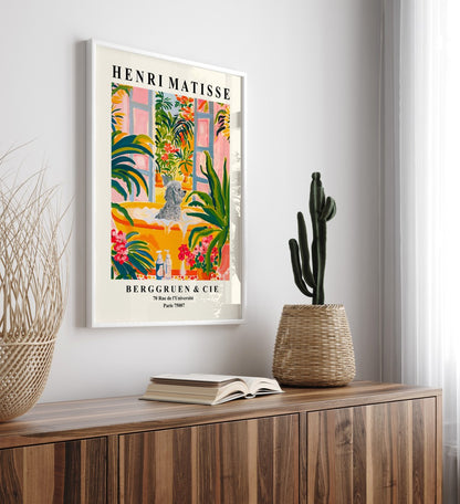 Colorful framed artwork of a poodle in a tub with vibrant greenery.