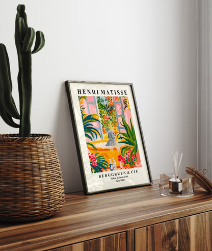 Framed poodle print - playful wall decor for bathroom spaces.