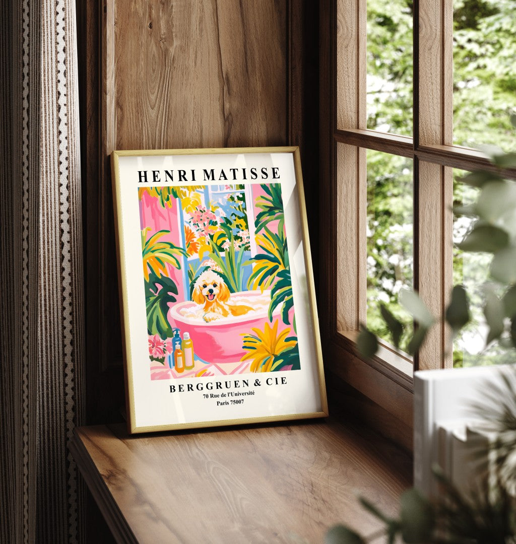 Framed wall art featuring a Poodle in a colorful Matisse-inspired bathroom.