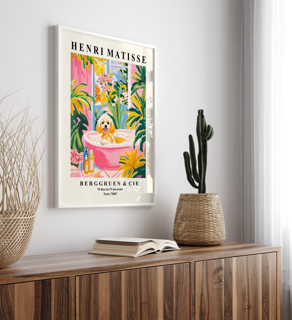 Decorative framed Poodle print surrounded by tropical flowers and greenery.