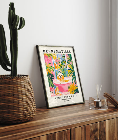 Framed Matisse-style Poodle artwork - cheerful decor for bathroom walls.