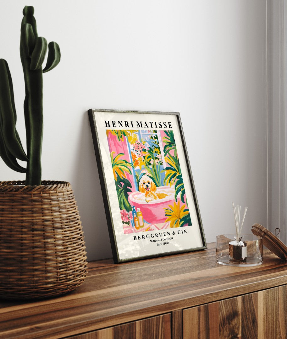 Framed Matisse-style Poodle artwork - cheerful decor for bathroom walls.