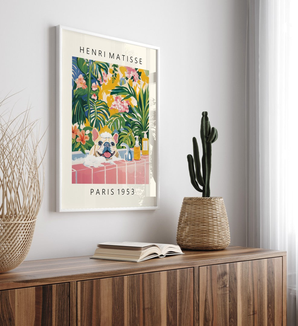 French Bulldog framed print with colorful tropical leaves and flowers.
