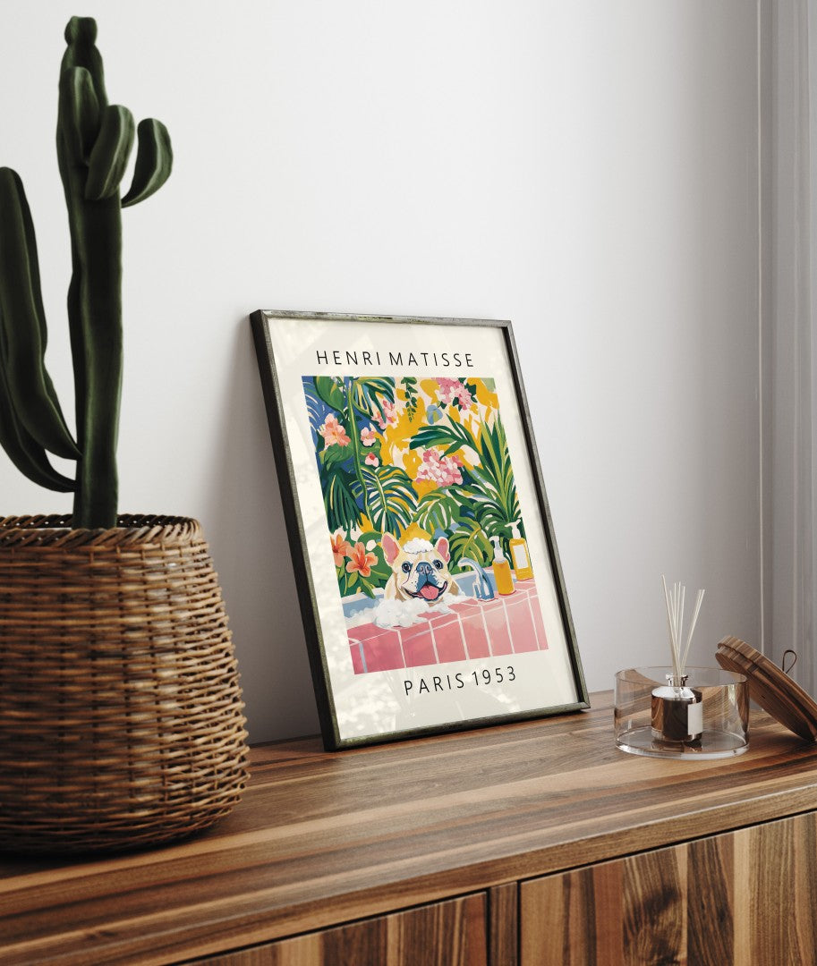 Framed Matisse-style French Bulldog artwork - vibrant decor for bathroom walls.