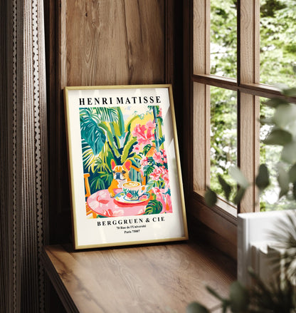 Framed French Bulldog coffee tropical foliage art print in Matisse style