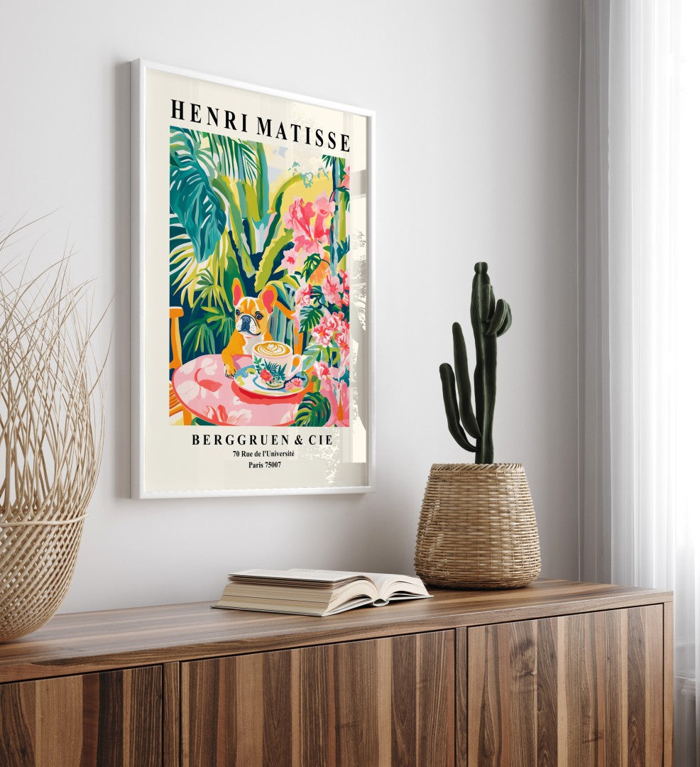 Framed whimsical French Bulldog with latte cup surrounded by vibrant plants art print