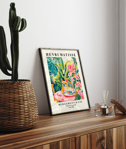 Framed Matisse inspired French Bulldog coffee scene with tropical flowers colorful art print
