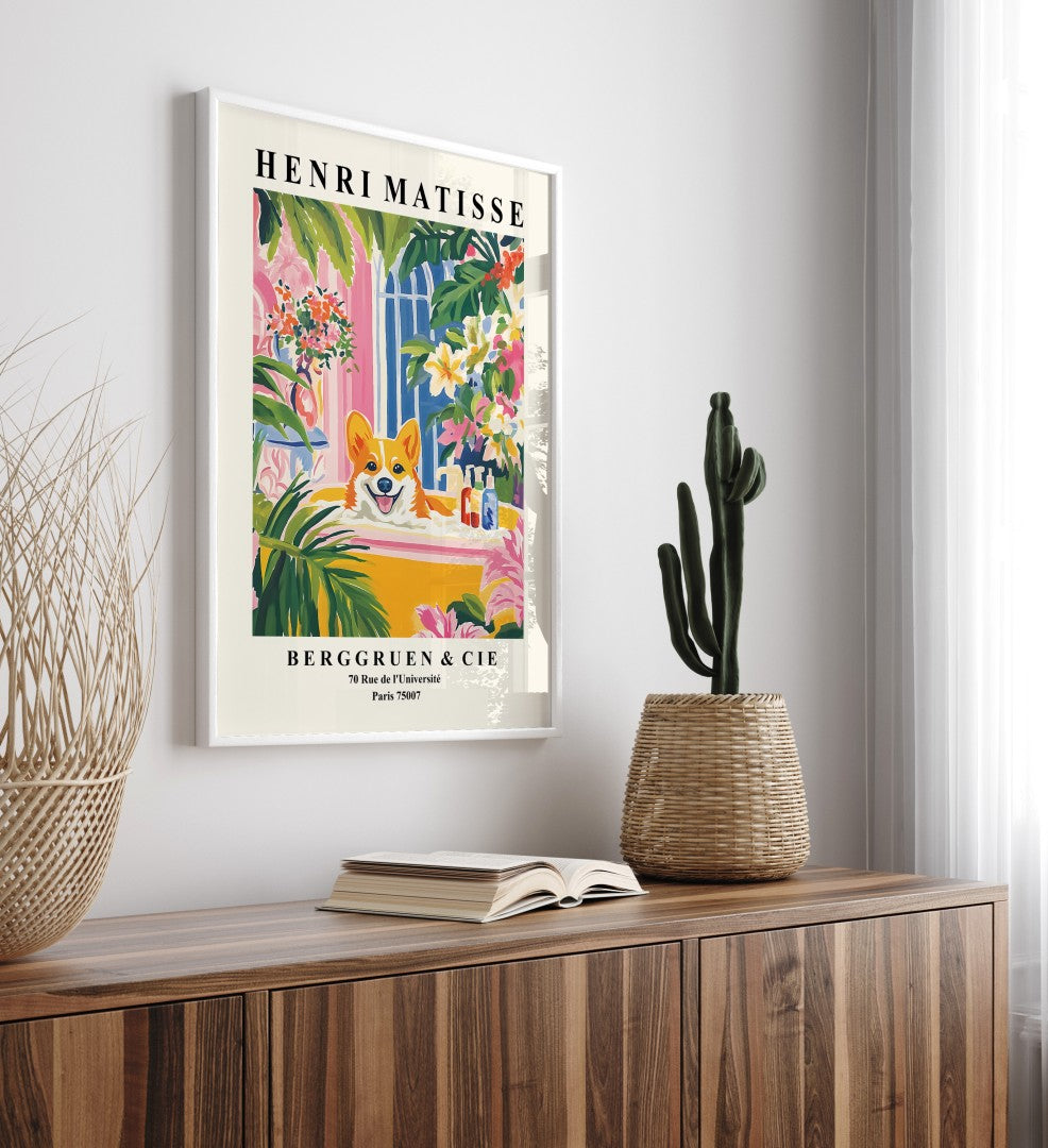 Corgi framed print with bold tropical flowers and greenery.