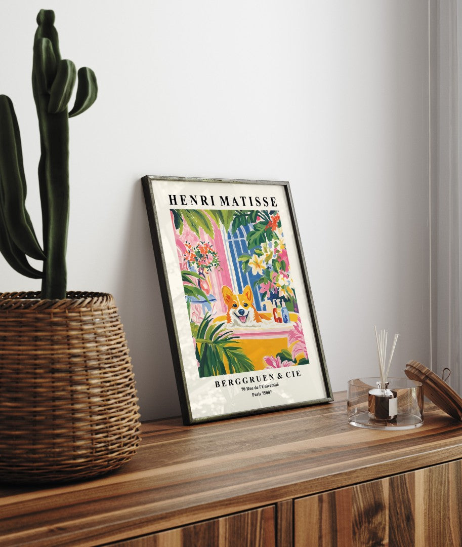 Framed Matisse-inspired Corgi artwork - vibrant wall decor for bathrooms.