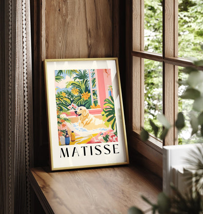 Framed Labrador wall art with greenery and colorful blossoms, inspired by Matisse.