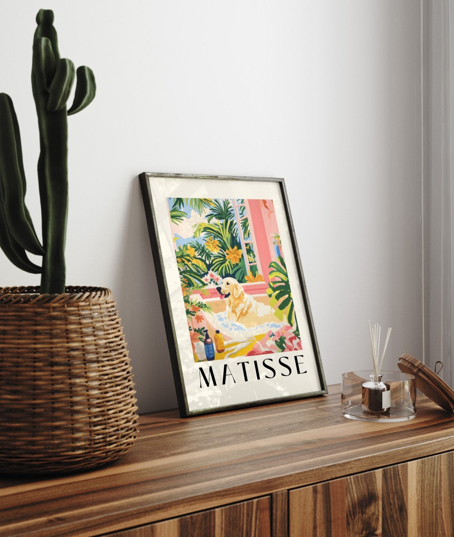 Framed bathroom wall decor featuring a Labrador in Matisse-inspired style.