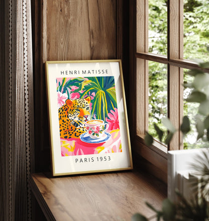 Framed leopard coffee tropical foliage art print in Matisse style