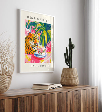Framed elegant leopard with floral coffee cup surrounded by vibrant plants art print