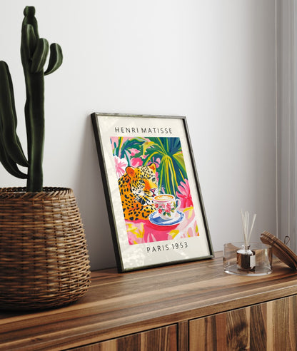 Framed Matisse inspired leopard coffee scene with tropical flowers colorful art print