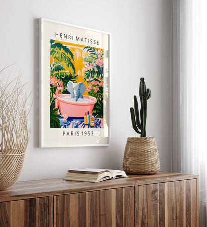 Matisse-inspired framed bathroom artwork featuring an elephant in a pink tub.