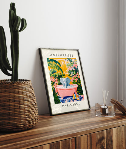 Elephant soaking in a bubble bath, framed art print for colorful bathroom decor.
