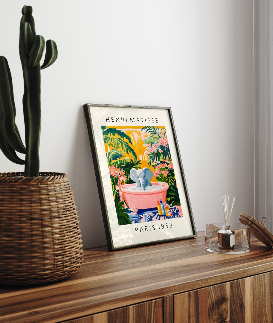 Elephant soaking in a bubble bath, framed art print for colorful bathroom decor.