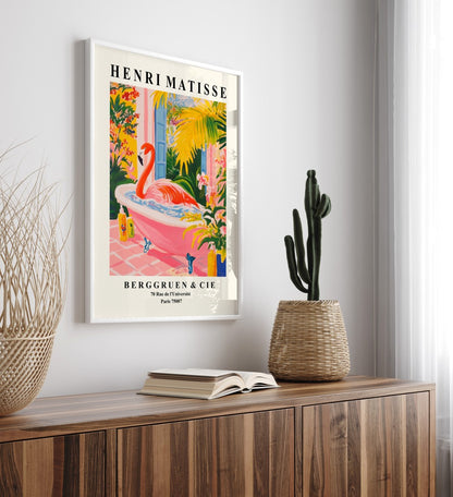 Matisse-style framed artwork of a pink flamingo in a colorful bathroom scene.