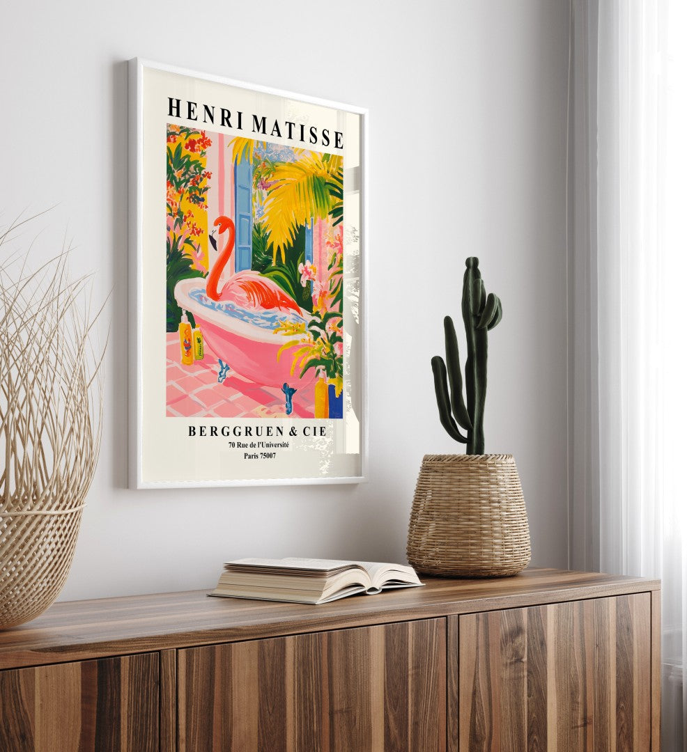Matisse-style framed artwork of a pink flamingo in a colorful bathroom scene.