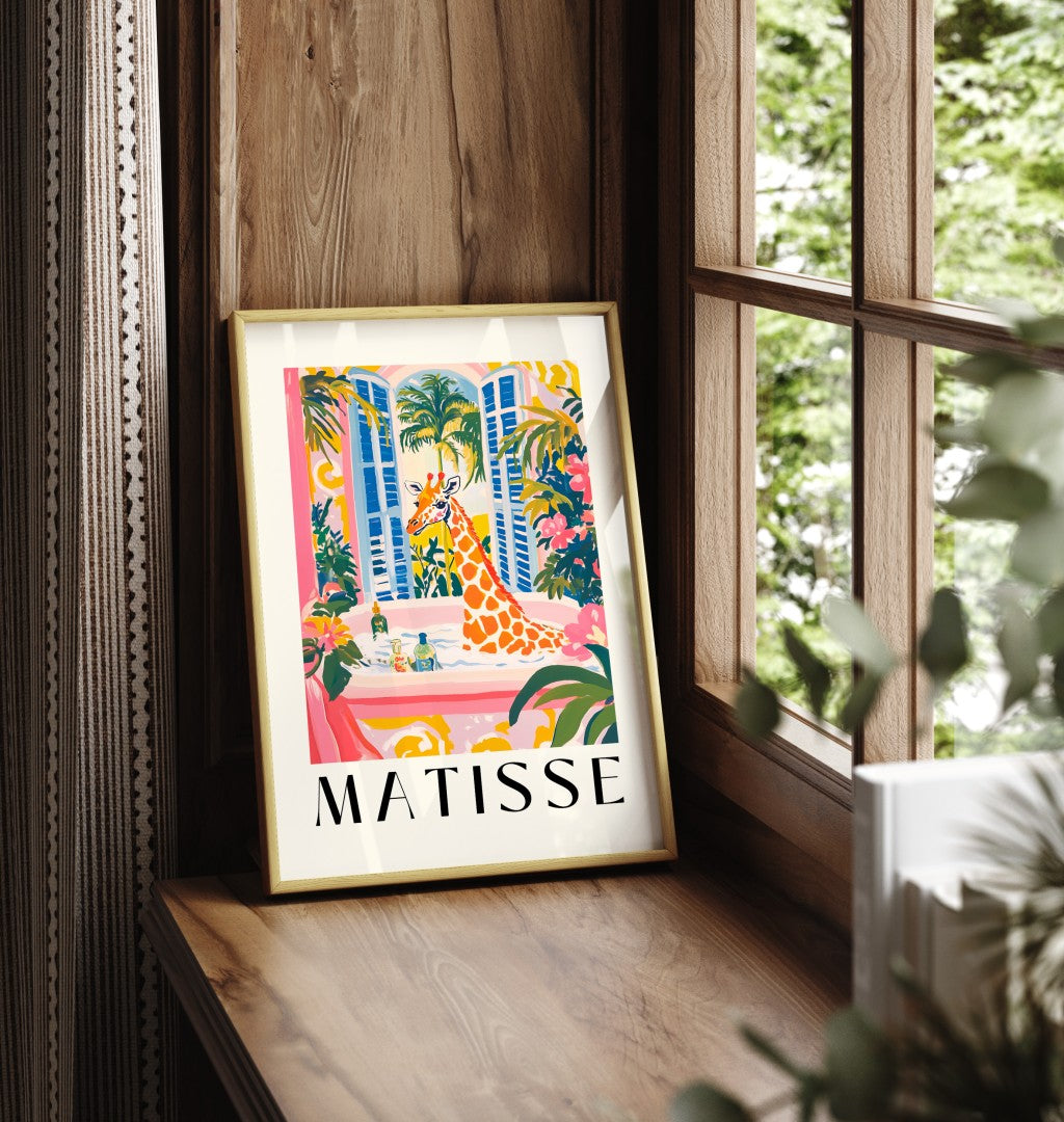 Framed giraffe bathtub artwork in Matisse style, colorful bathroom wall decor.