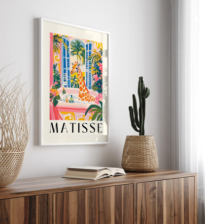 Matisse-inspired framed bathroom print of a giraffe enjoying a soak with greenery.