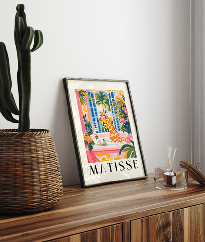 Framed bathroom wall art of a giraffe in a tub with vibrant flowers, Matisse style.
