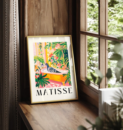 Framed pigeon bath art print in Henri Matisse inspired style for bathroom décor