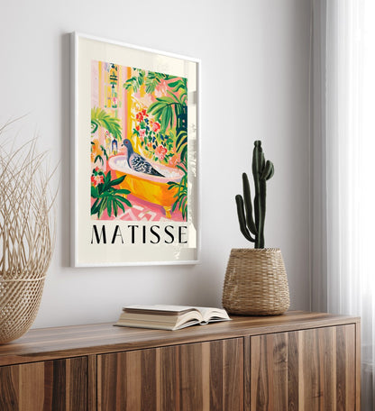 Colorful framed pigeon artwork with pigeon in tub, inspired by Henri Matisse