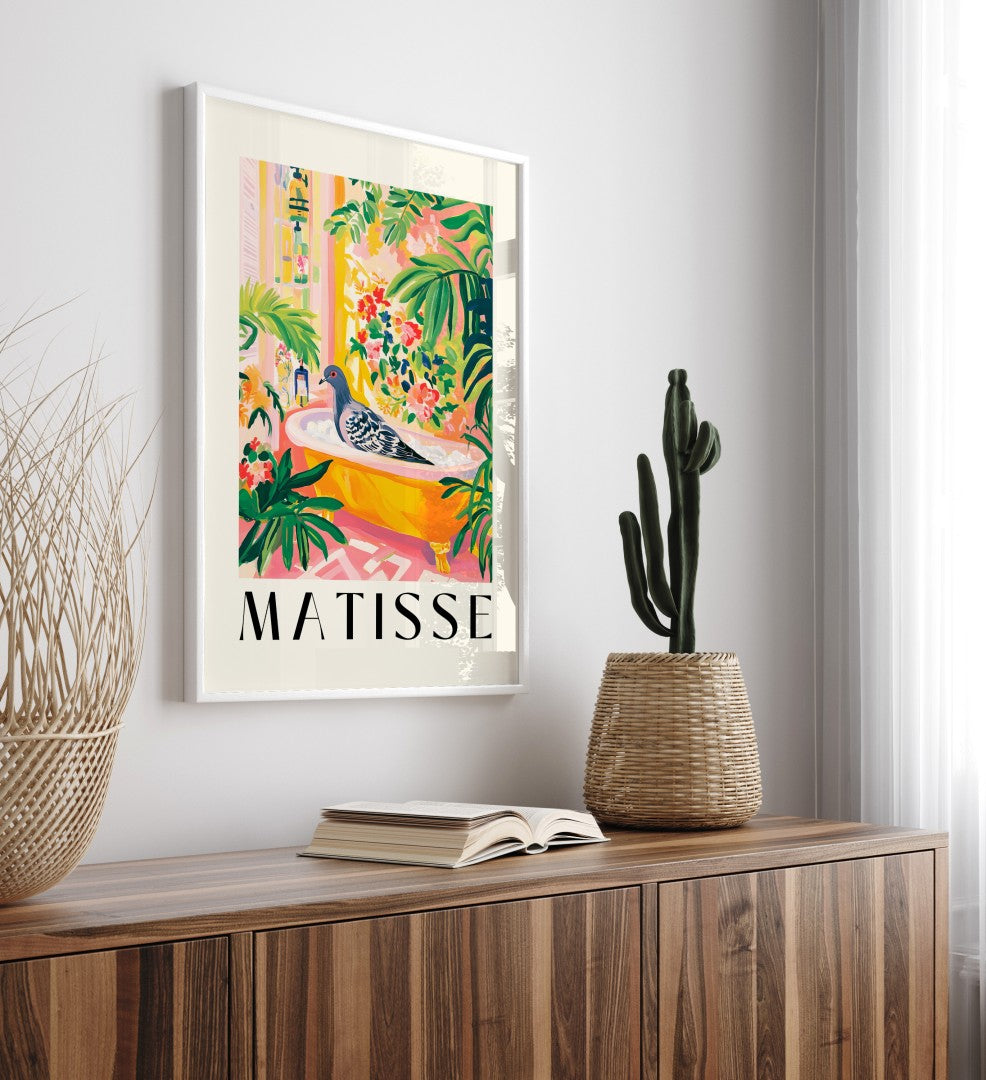 Colorful framed pigeon artwork with pigeon in tub, inspired by Henri Matisse