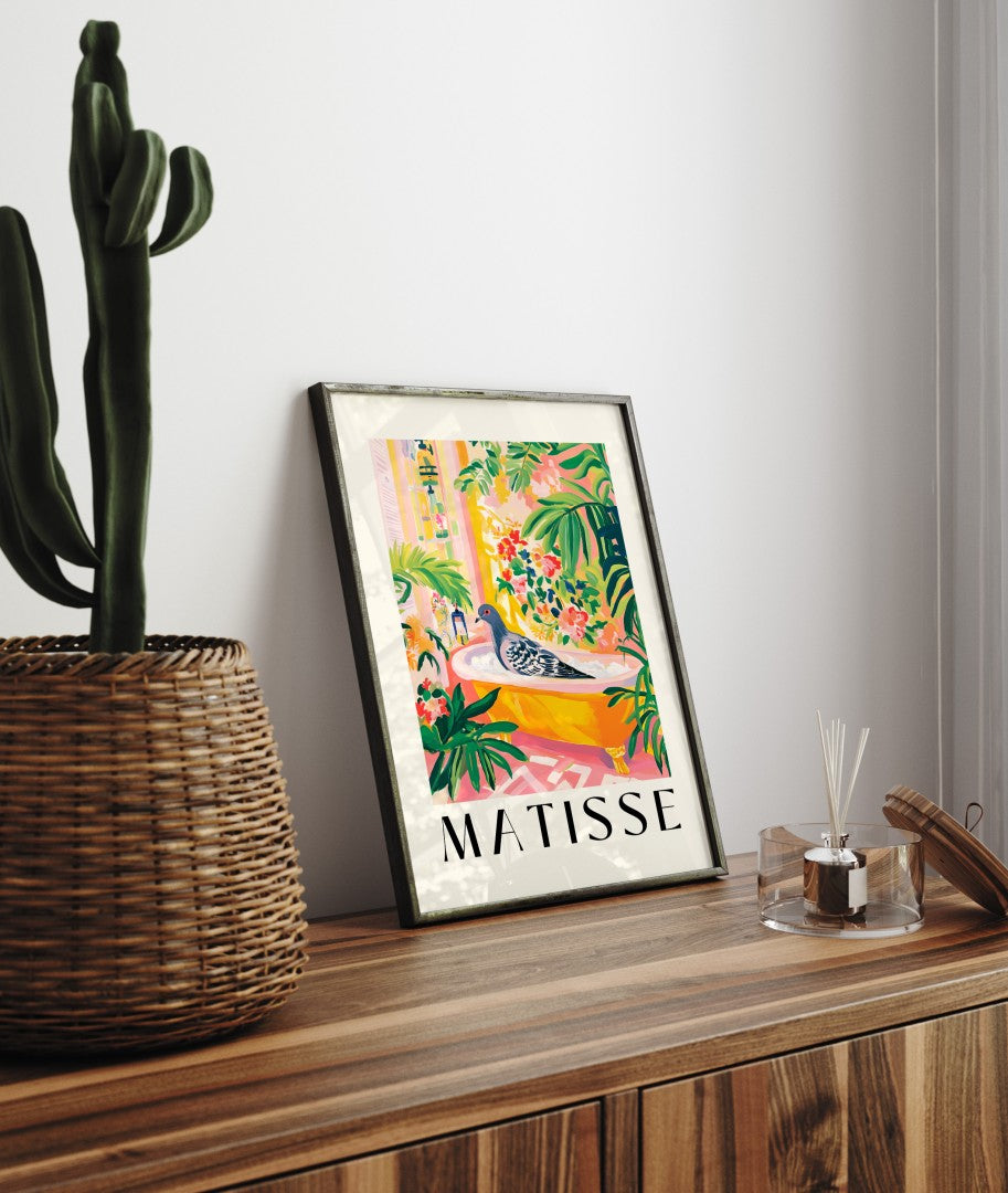 Framed bathroom art print featuring a pigeon in a bathtub in Matisse style
