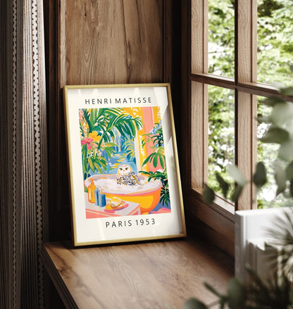 Framed snowy owl print inspired by Henri Matisse for bathroom wall décor