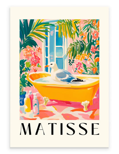 Seagull bathroom wall art print in Matisse inspired golden bathtub scene